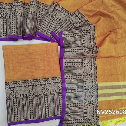 Dual light orange mercerised handloom cotton unstitched salwar material, double side borders (Thin, Lining Needed) Fabric Measurement : 4.5 Meters, Full length dupatta. Note : Weaving Inconsistencies are not defects. NV252608