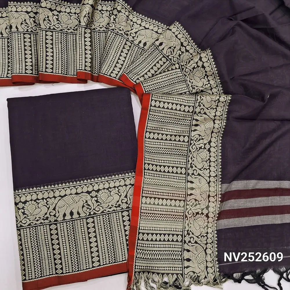 Dark wine purple mercerised handloom cotton unstitched salwar material, double side borders (Thin, Lining Needed) Fabric Measurement : 4.5 Meters, Full length dupatta. Note : Weaving Inconsistencies are not defects. NV252609