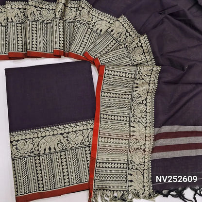 Dark wine purple mercerised handloom cotton unstitched salwar material, double side borders (Thin, Lining Needed) Fabric Measurement : 4.5 Meters, Full length dupatta. Note : Weaving Inconsistencies are not defects. NV252609