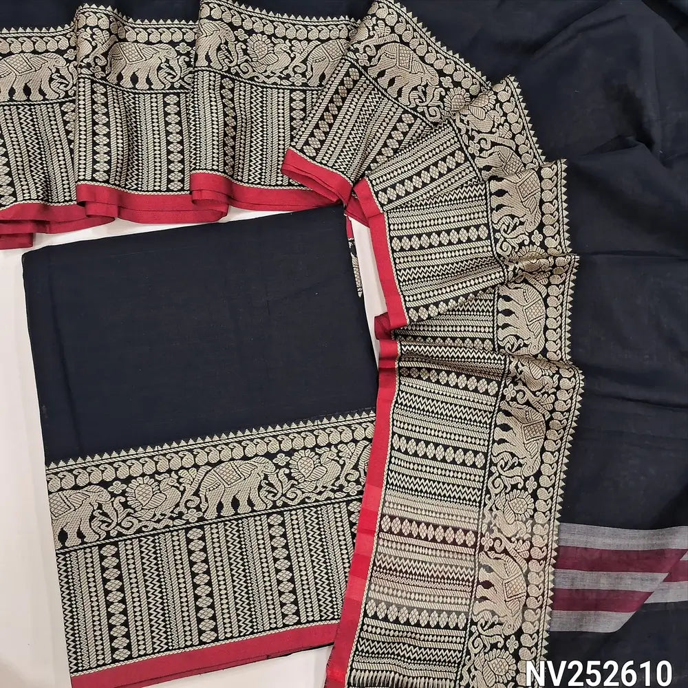 Black mercerised handloom cotton unstitched salwar material, double side borders (Thin, Lining Needed) Fabric Measurement : 4.5 Meters, Full length dupatta. Note : Weaving Inconsistencies are not defects. NV252610