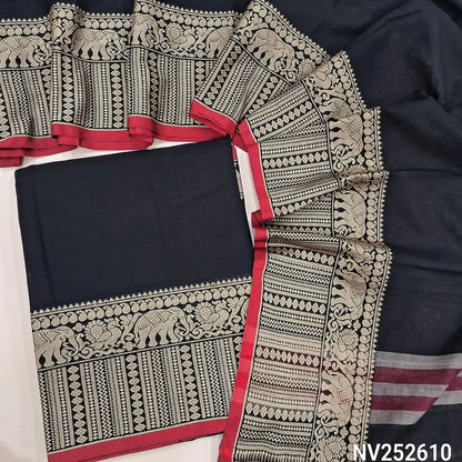 Black mercerised handloom cotton unstitched salwar material, double side borders (Thin, Lining Needed) Fabric Measurement : 4.5 Meters, Full length dupatta. Note : Weaving Inconsistencies are not defects. NV252610