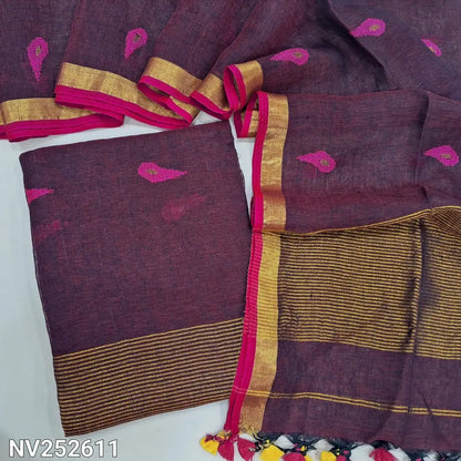 Designer beetroot purple pure linen jamdani unstitched salwar material (lining needed) hand woven design on front, zari lines on daman, NO BOTTOM, jamdani woven pure linen dupatta with zari lines pallu & tassels. NV252611