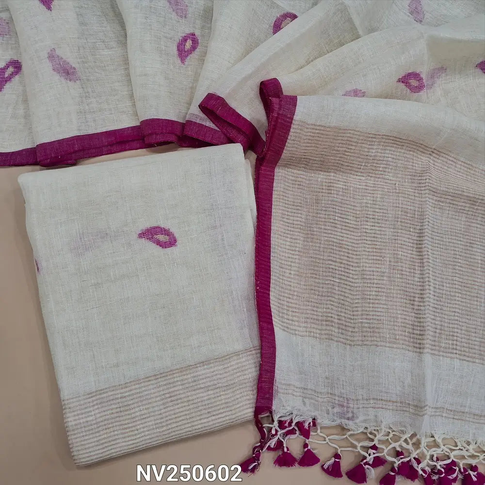 Designer half white pure linen jamdani unstitched salwar material (lining needed) hand woven design on front, zari lines on daman, NO BOTTOM, jamdani woven pure linen dupatta with zari lines pallu & tassels. NV250602