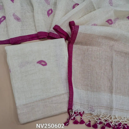 Designer half white pure linen jamdani unstitched salwar material (lining needed) hand woven design on front, zari lines on daman, NO BOTTOM, jamdani woven pure linen dupatta with zari lines pallu & tassels. NV250602
