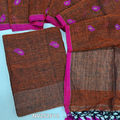 Designer rust orange pure linen jamdani unstitched salwar material (lining needed) hand woven design on front, zari lines on daman, NO BOTTOM, jamdani woven pure linen dupatta with zari lines pallu & tassels. NV252612