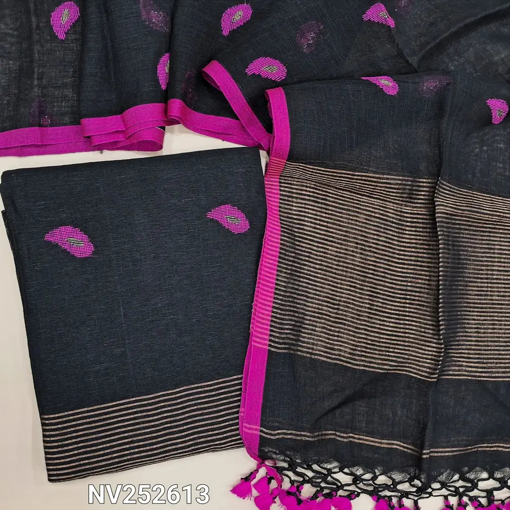 Designer black pure linen jamdani unstitched salwar material (lining needed) hand woven design on front, zari lines on daman, NO BOTTOM, jamdani woven pure linen dupatta with zari lines pallu & tassels. NV252613