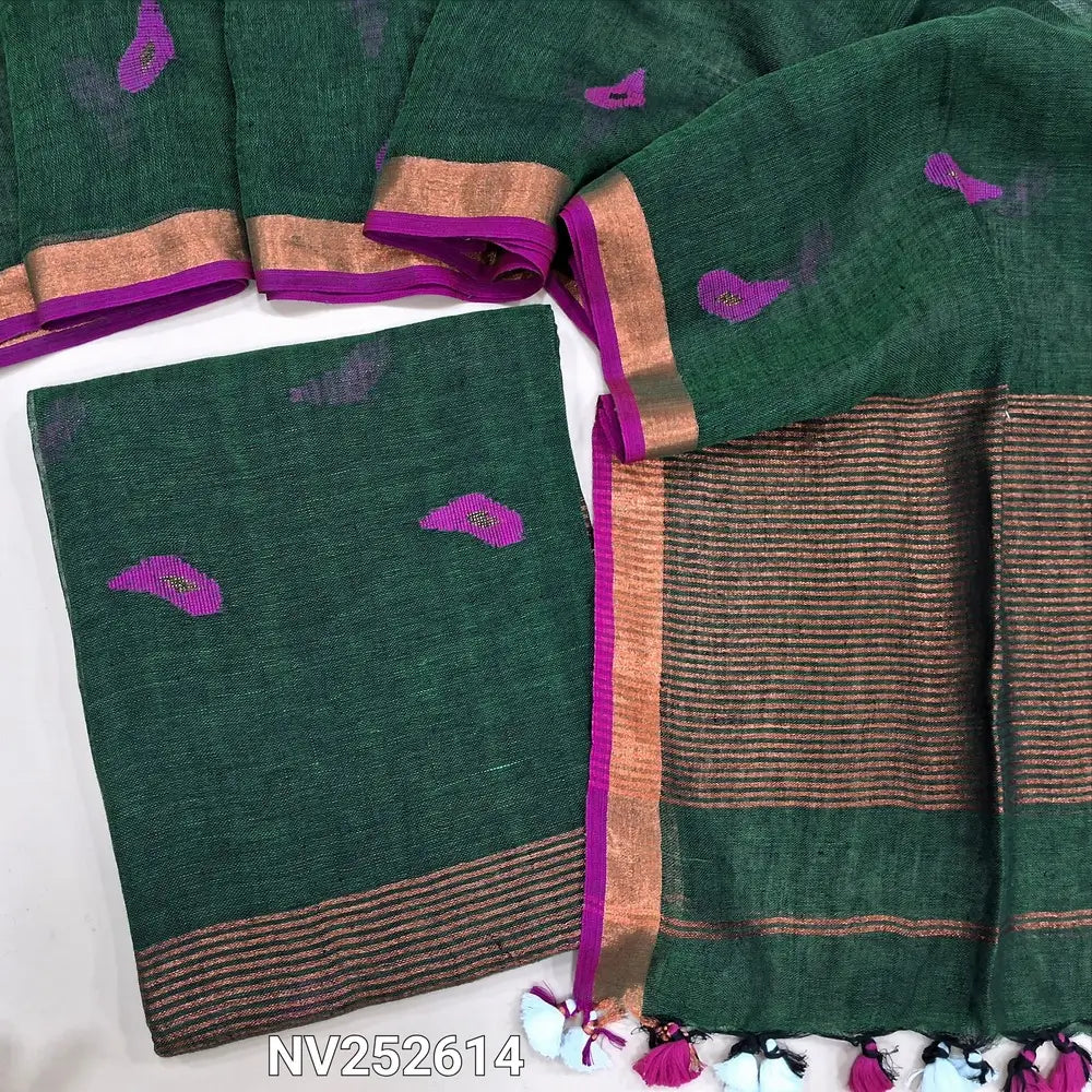Designer dark green pure linen jamdani unstitched salwar material (lining needed) hand woven design on front, zari lines on daman, NO BOTTOM, jamdani woven pure linen dupatta with zari lines pallu & tassels. NV252614
