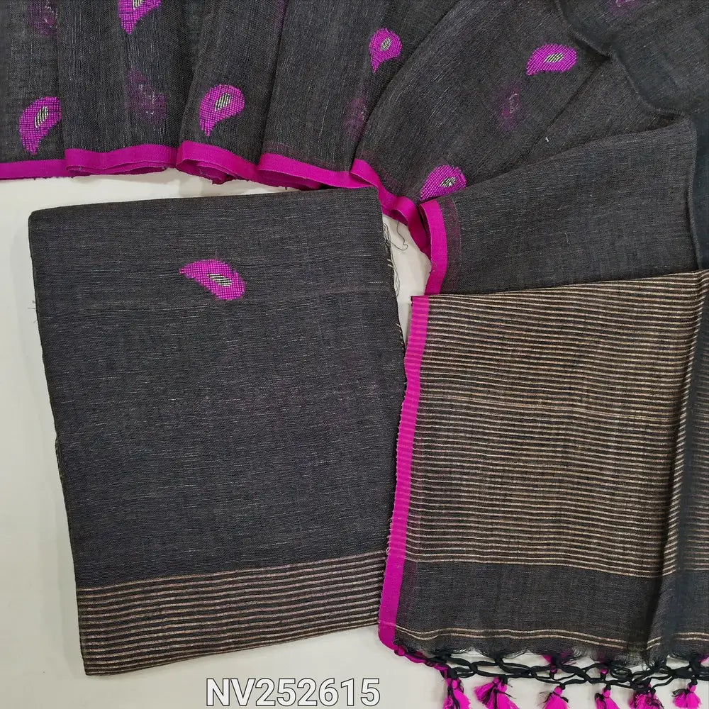 Designer greyish brown pure linen jamdani unstitched salwar material (lining needed) hand woven design on front, zari lines on daman, NO BOTTOM, jamdani woven pure linen dupatta with zari lines pallu & tassels. NV252615