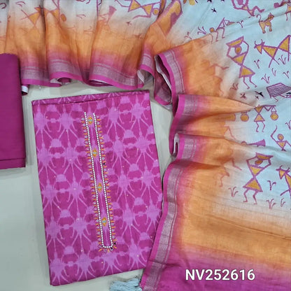 Pink ikat printed fancy silk cotton unstitched salwar material, bead and real mirror work on yoke (Lining Needed) matching Silky bottom, warli printed fancy silk dupatta. NV252616