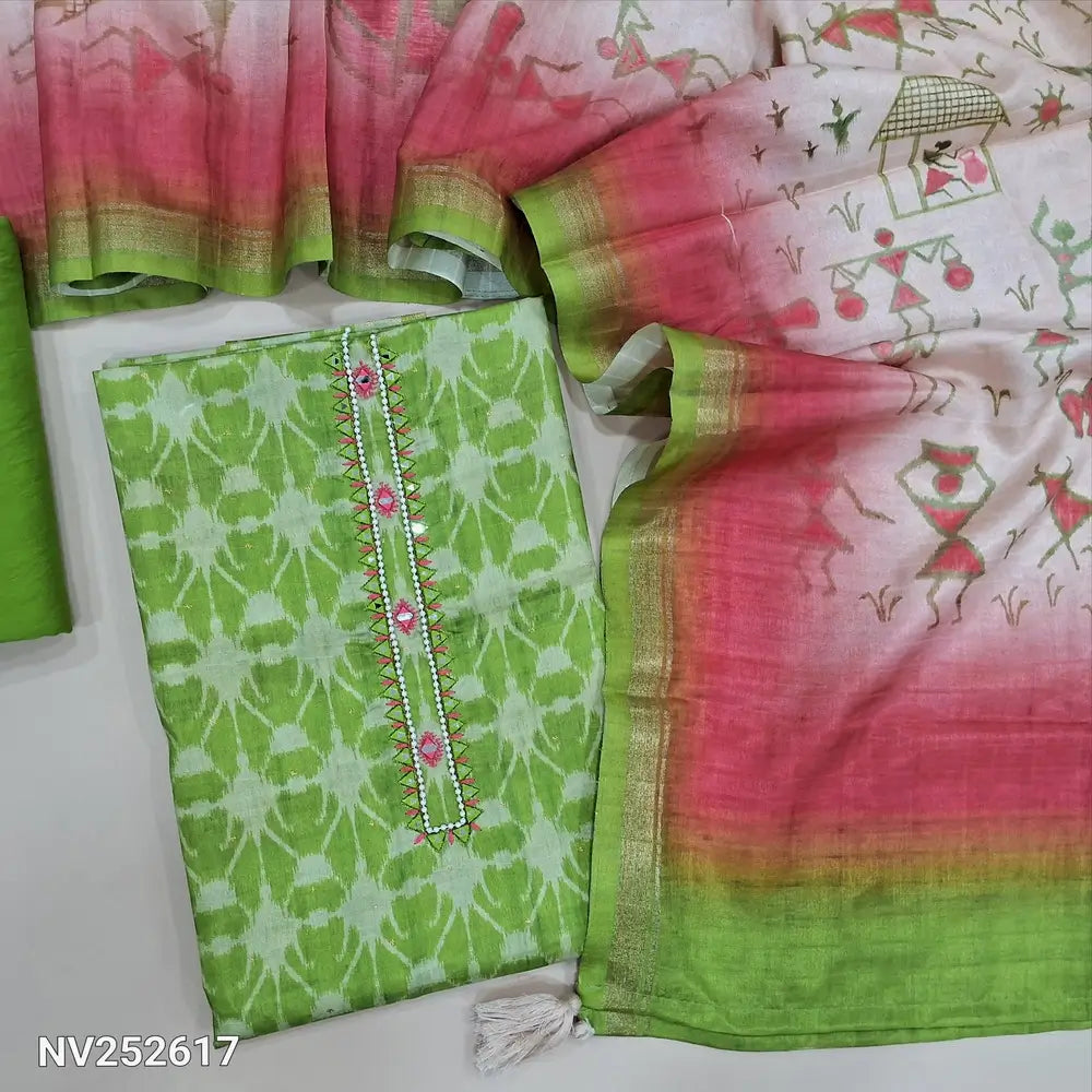 Parrot green ikat printed fancy silk cotton unstitched salwar material, bead and real mirror work on yoke (Lining Needed) matching Silky bottom, warli printed fancy silk dupatta. NV252617