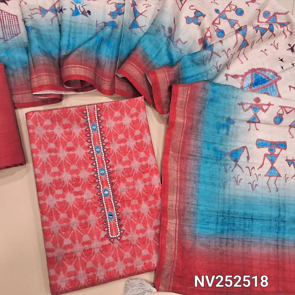 Peachish pink ikat printed fancy silk cotton unstitched salwar material, bead and real mirror work on yoke (Lining Needed) matching Silky bottom, warli printed fancy silk dupatta. NV252618