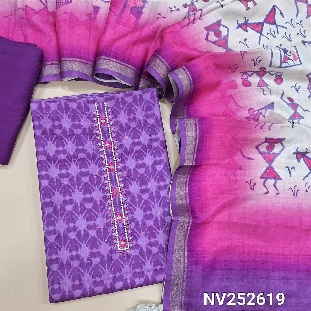 Bright purple ikat printed fancy silk cotton unstitched salwar material, bead and real mirror work on yoke (Lining Needed) matching Silky bottom, warli printed fancy silk dupatta. NV252619