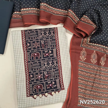 Light beige checked handloom cotton unstitched salwar material (lining needed) ajrak print and embroidery work on yoke, black cotton bottom, printed mul cotton full length dupatta. NV252620