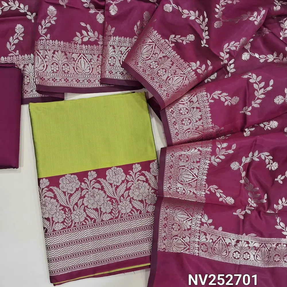 PREORDER SHIPPING AFTER 12 DAYS ONLY Green premium silk cotton unstitched salwar material (Lining needed) heavy benarasi woven on daman, rani pink silk cotton bottom, benarasi woven silk cotton full length dupatta. NV252701  (WEAVING DESIGN MIGHT VARY)