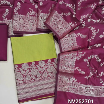 PREORDER SHIPPING AFTER 12 DAYS ONLY Green premium silk cotton unstitched salwar material (Lining needed) heavy benarasi woven on daman, rani pink silk cotton bottom, benarasi woven silk cotton full length dupatta. NV252701  (WEAVING DESIGN MIGHT VARY)