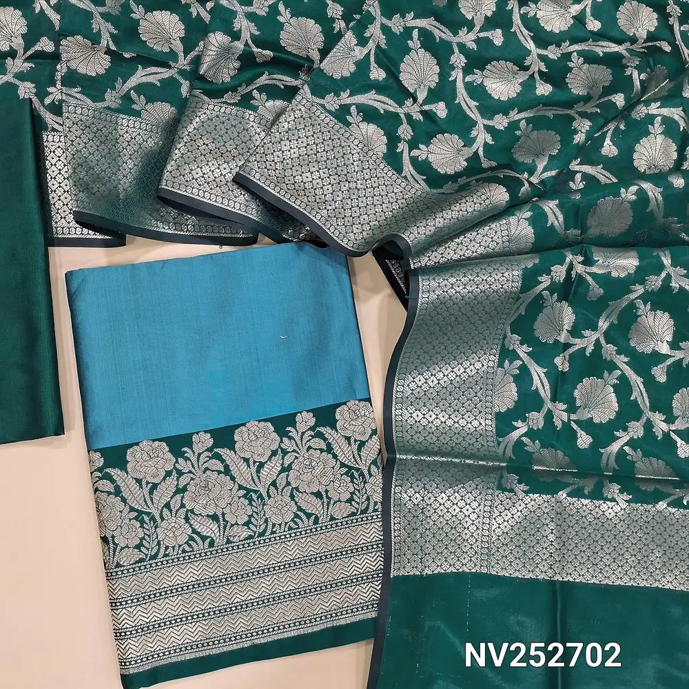 Blue premium silk cotton unstitched salwar material (Lining needed) benarasi woven daman, teal green silk cotton bottom, benarasi woven silk cotton full length dupatta with tassels. NV252702 (WEAVING DESIGN MIGHT VARY)