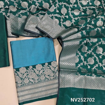 Blue premium silk cotton unstitched salwar material (Lining needed) benarasi woven daman, teal green silk cotton bottom, benarasi woven silk cotton full length dupatta with tassels. NV252702 (WEAVING DESIGN MIGHT VARY)