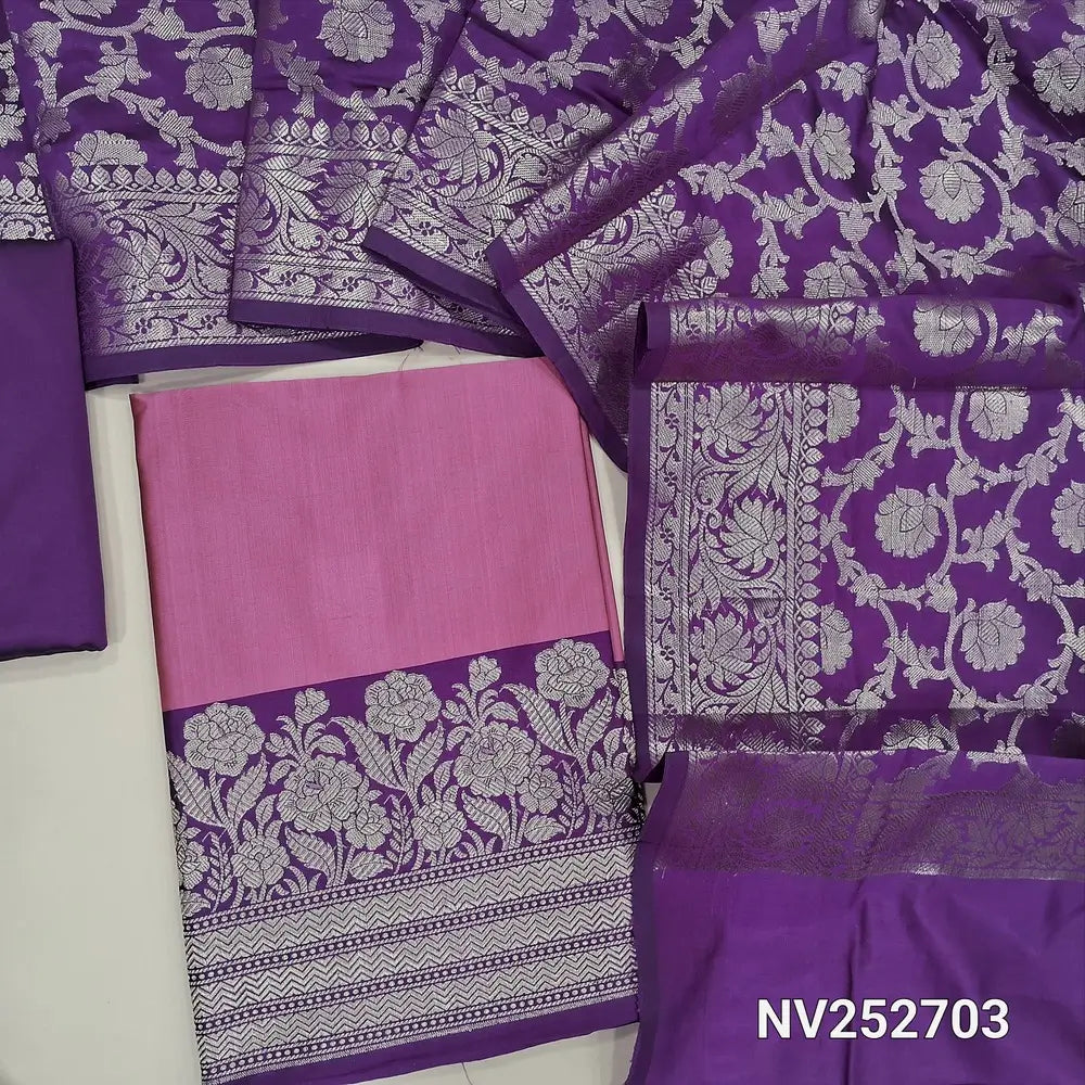 Pink premium silk cotton unstitched salwar material (Lining needed) benarasi woven on daman, purple silk cotton bottom, benarasi woven silk cotton full length dupatta. NV252703 (WEAVING DESIGN MIGHT VARY)