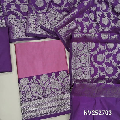 Pink premium silk cotton unstitched salwar material (Lining needed) benarasi woven on daman, purple silk cotton bottom, benarasi woven silk cotton full length dupatta. NV252703 (WEAVING DESIGN MIGHT VARY)