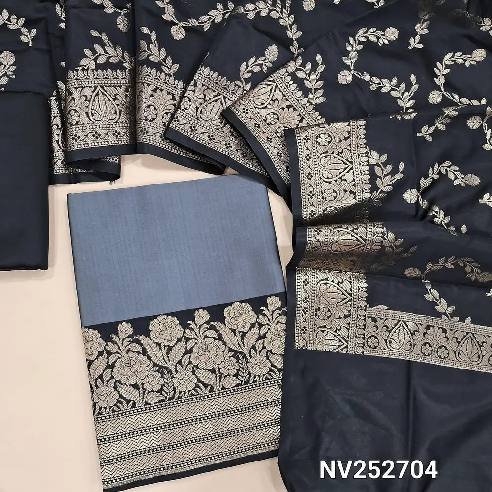 Grey premium silk cotton unstitched salwar material (Lining needed) heavy benarasi woven on daman, black silk cotton bottom, benarasi woven silk cotton full length dupatta. NV252704  (WEAVING DESIGN MIGHT VARY)