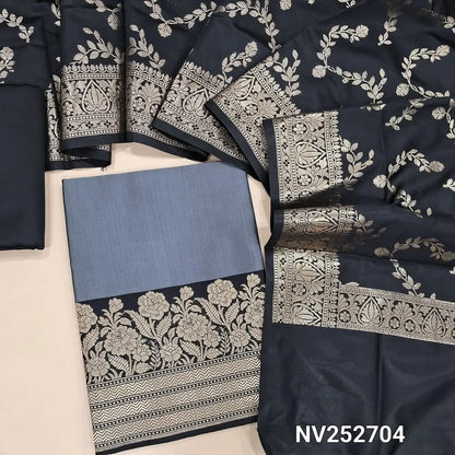 Grey premium silk cotton unstitched salwar material (Lining needed) heavy benarasi woven on daman, black silk cotton bottom, benarasi woven silk cotton full length dupatta. NV252704  (WEAVING DESIGN MIGHT VARY)