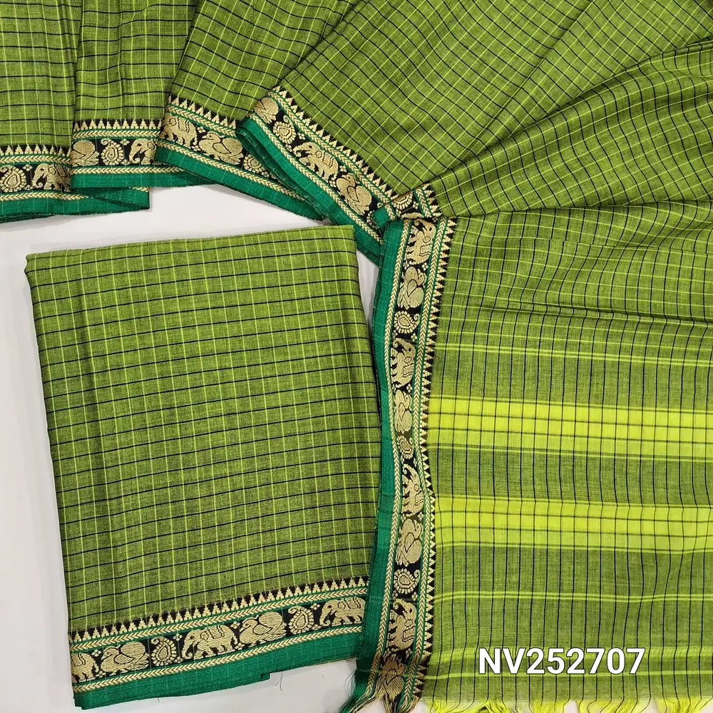 Mossy Green mercerised handloom cotton unstitched salwar material, checked all over, double side borders (Thin, Lining Needed) Fabric Measurement : 4.5 Metres, Full length dupatta. Note : Weaving Inconsistencies are not defects. NV252707