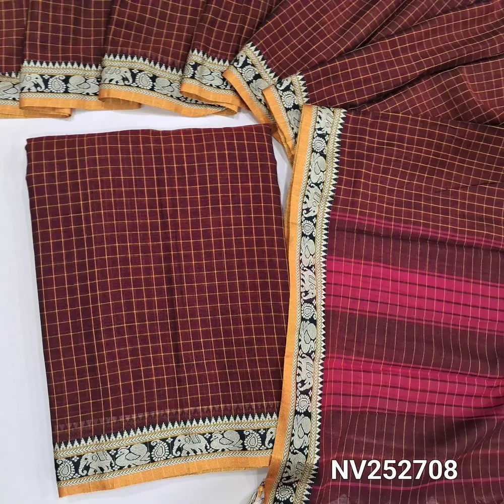 Maroon mercerised handloom cotton unstitched salwar material, checked all over, double side borders (Thin, Lining Needed) Fabric Measurement : 4.5 Metres, Full length dupatta. Note : Weaving Inconsistencies are not defects. NV252708