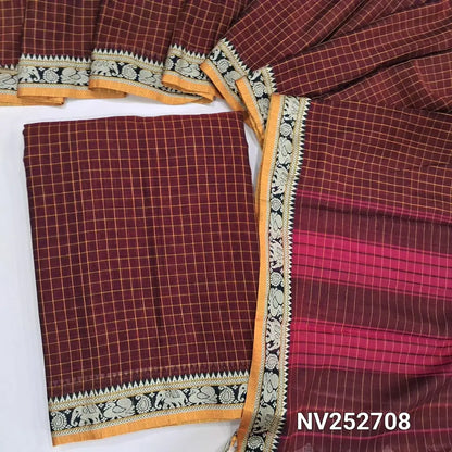 Maroon mercerised handloom cotton unstitched salwar material, checked all over, double side borders (Thin, Lining Needed) Fabric Measurement : 4.5 Metres, Full length dupatta. Note : Weaving Inconsistencies are not defects. NV252708
