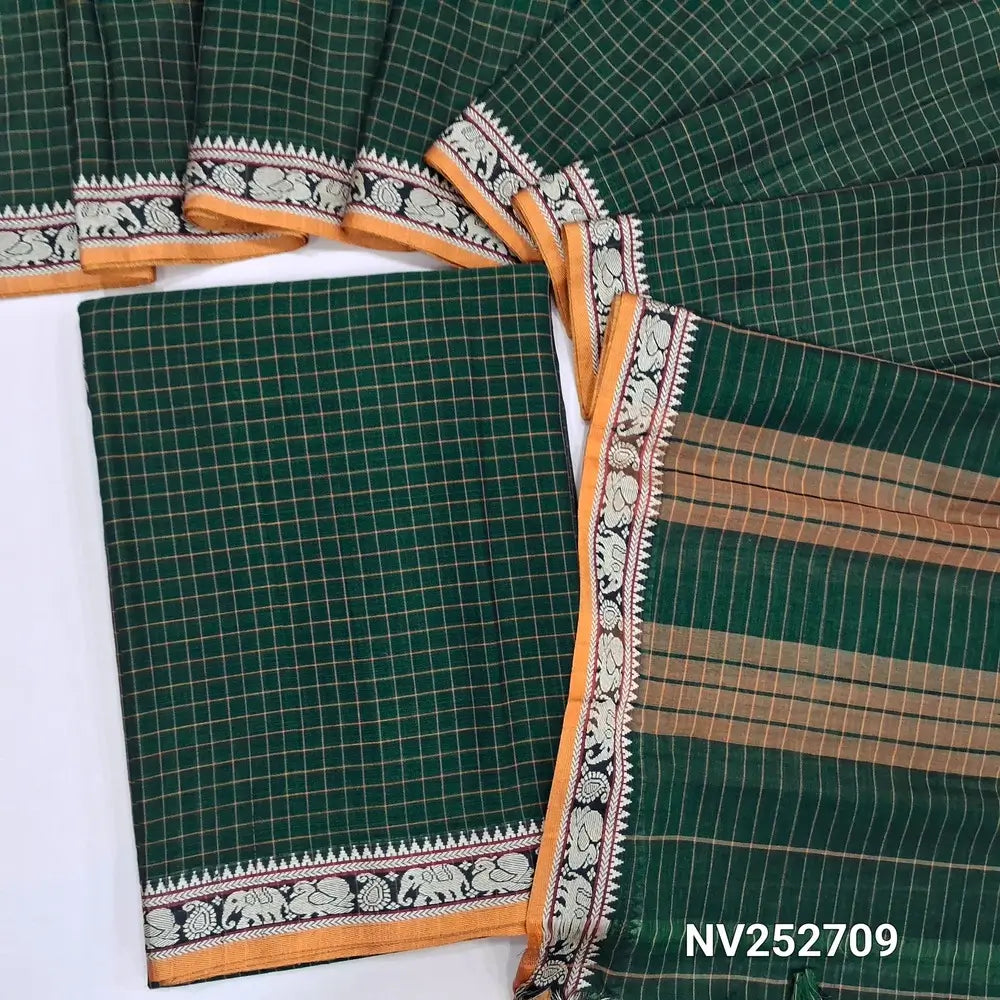 Bottle Green mercerised handloom cotton unstitched salwar material, checked all over, double side borders (Thin, Lining Needed) Fabric Measurement : 4.5 Metres, Full length dupatta. Note : Weaving Inconsistencies are not defects. NV252709