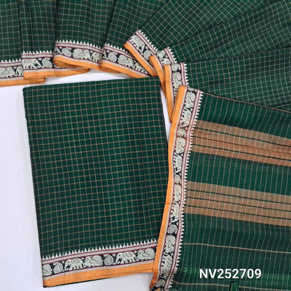 Bottle Green mercerised handloom cotton unstitched salwar material, checked all over, double side borders (Thin, Lining Needed) Fabric Measurement : 4.5 Metres, Full length dupatta. Note : Weaving Inconsistencies are not defects. NV252709
