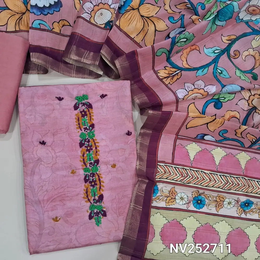 Pink premium tussar unstitched salwar material (Lining needed) colorful hand embroidery work  on yoke, matching silky bottom, digital kalamkari printed semi tussar dupatta. NV252711
