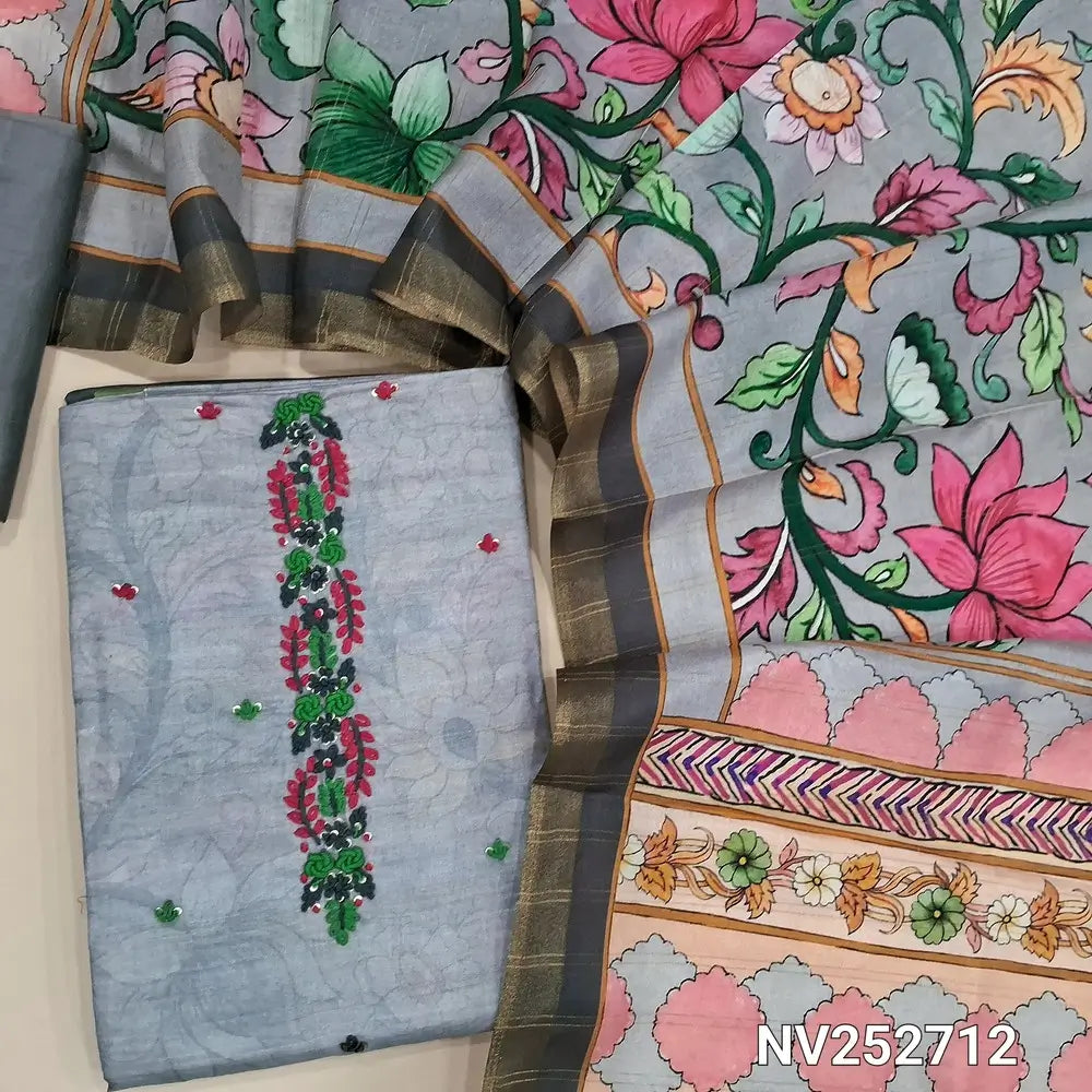 Grey semi tussar unstitched salwar material (Lining needed) colorful hand embroidery work  on yoke, matching silk cotton bottom, digital kalamkari printed semi tussar dupatta. NV252712