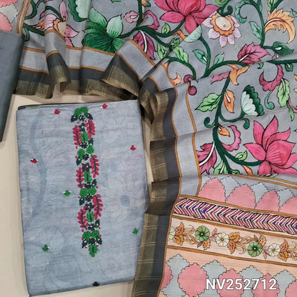 Grey semi tussar unstitched salwar material (Lining needed) colorful hand embroidery work  on yoke, matching silk cotton bottom, digital kalamkari printed semi tussar dupatta. NV252712