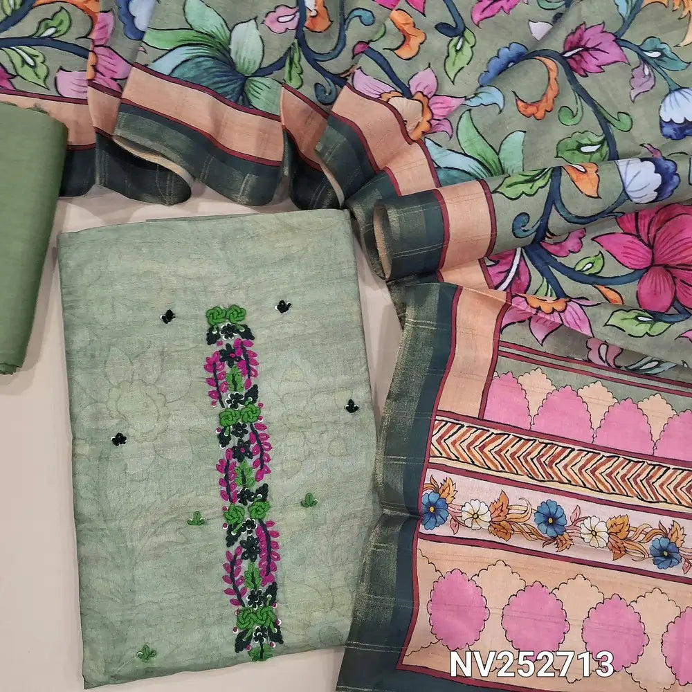 Pastel Green premium tussar unstitched salwar material (Lining needed) colorful hand embroidery work  on yoke, matching silky bottom, digital kalamkari printed semi tussar dupatta. NV252713