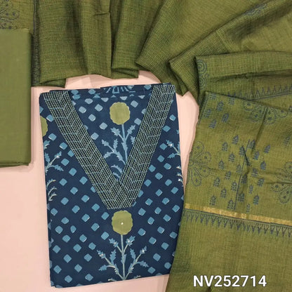 Printed Blue cotton unstitched salwar material (Lining optional) kantha stitch, sequins work on front,  mossy green cotton bottom, printed kota silk cotton dupatta. NV252714