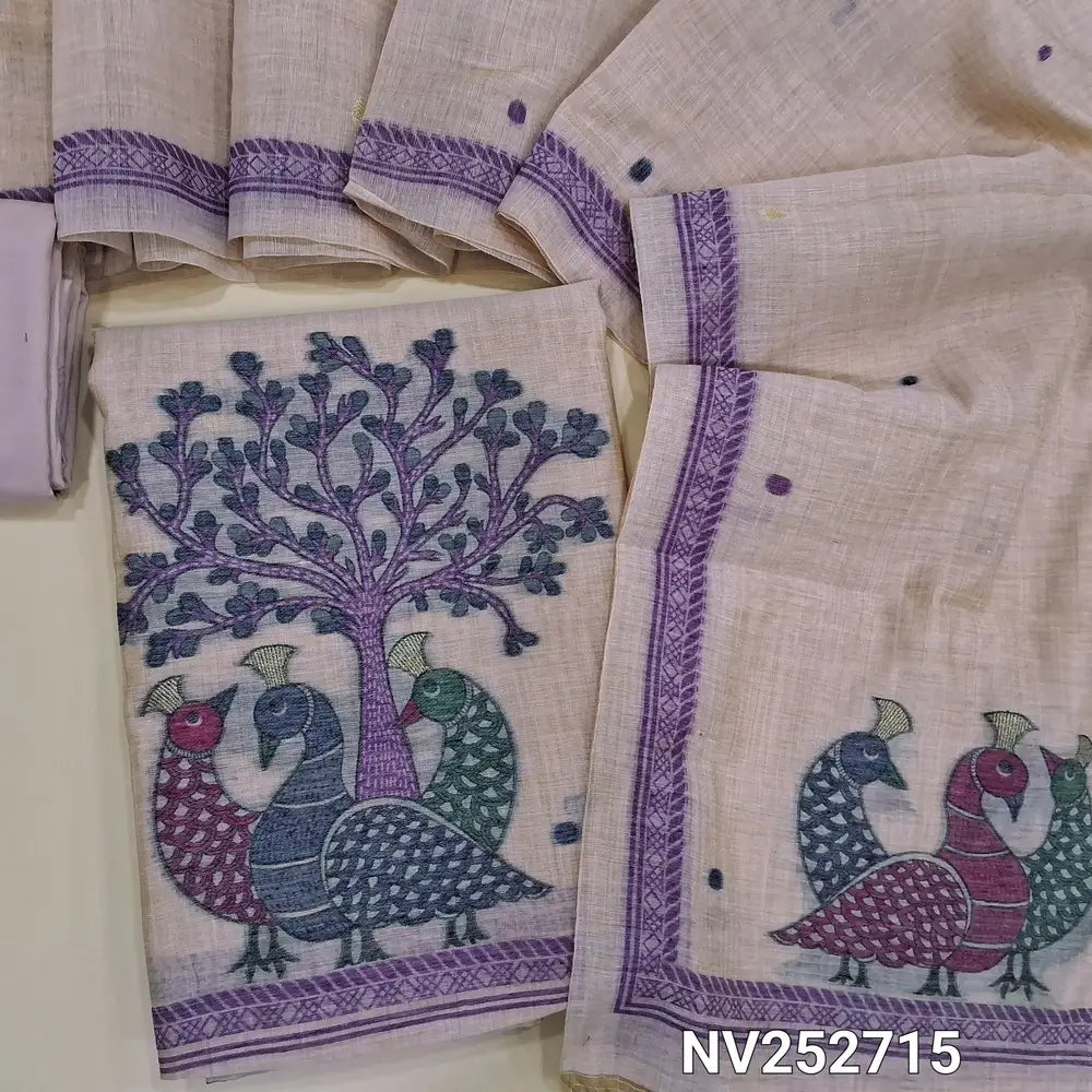 Pale Pink Jamdani woven silk cotton unstitched salwar material (Thin, Soft, Lining Needed) jamdani woven on daman, matching spun cotton bottom, jamdani woven silk cotton full length dupatta. NV252715