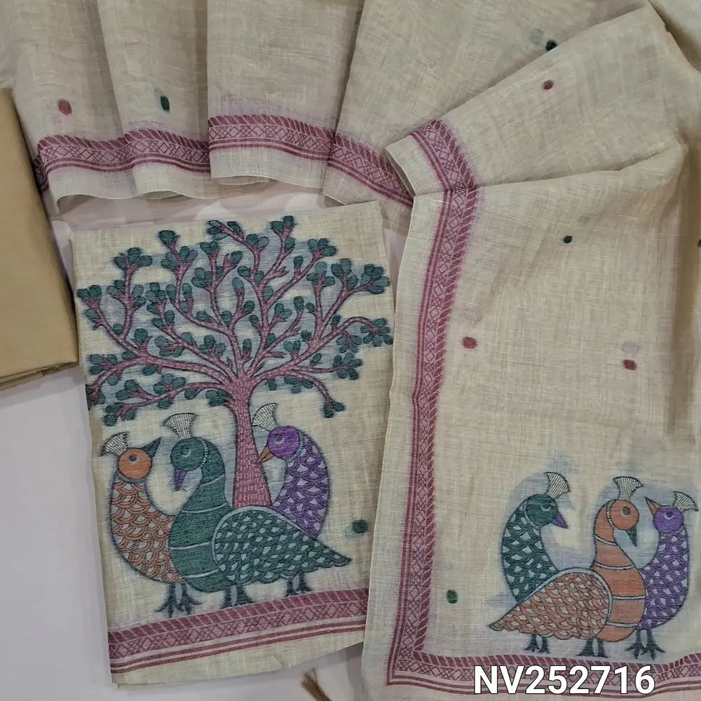 Beige Jamdani woven silk cotton unstitched salwar material (Thin, Soft, Lining Needed) jamdani woven on daman, matching spun cotton bottom, jamdani woven silk cotton full length dupatta. NV252716