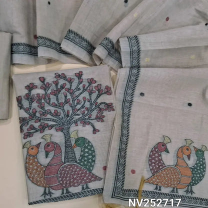 Grey Jamdani woven silk cotton unstitched salwar material (Thin, Soft, Lining Needed) jamdani woven on daman, matching cotton bottom, jamdani woven silk cotton full length dupatta. NV252717