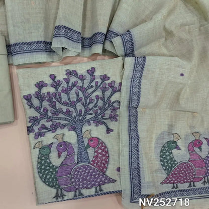 Pale Green Jamdani woven silk cotton unstitched salwar material (Thin, Soft, Lining Needed) jamdani woven on daman, matching cotton bottom, jamdani woven silk cotton full length dupatta. NV252718