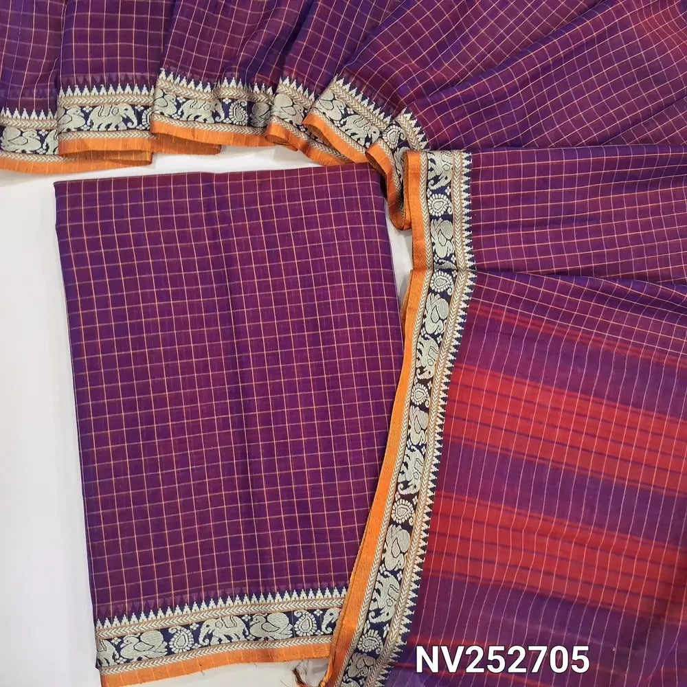 Purple mercerised handloom cotton unstitched salwar material, checked all over, double side borders (Thin, Lining Needed) Fabric Measurement : 4.5 Metres, Full length dupatta. Note : Weaving Inconsistencies are not defects. NV252705