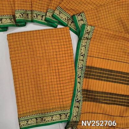 Mango yellow mercerised handloom cotton unstitched salwar material, checked all over, double side borders (Thin, Lining Needed) Fabric Measurement : 4.5 Metres, Full length dupatta. Note : Weaving Inconsistencies are not defects. NV252706