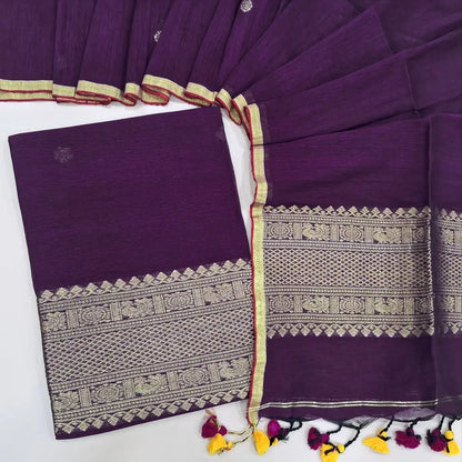 Designer Purple pure linen jamdani unstitched salwar material, Rich weaving on daman (Textured, Lining Needed) NO BOTTOM, Jamdani woven full length dupatta with jamdani weaving on pallu and handmade tassels. NV252801