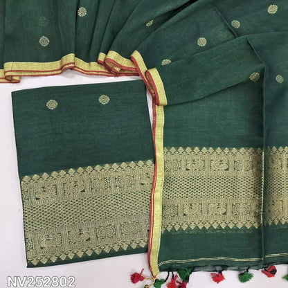 Designer Bottle Green pure linen jamdani unstitched salwar material, Rich weaving on daman (Textured, Lining Needed) NO BOTTOM, Jamdani woven full length dupatta with jamdani weaving on pallu and handmade tassels. NV252802