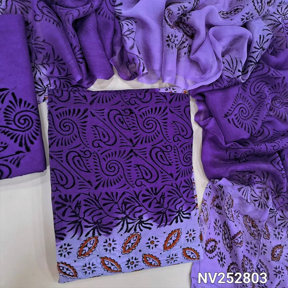 Purple & Lavender premium georgette unstitched salwar material (flowy, Lining needed) hand block print allover, printed santoon bottom, dual shade fancy chiffon dupatta with hand block print. NV252803