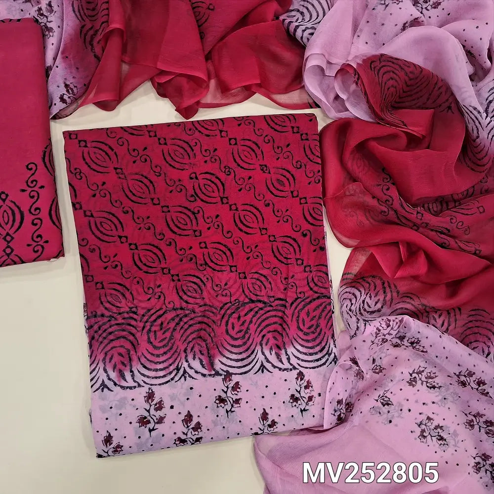 Reddish maroon & Pink premium georgette unstitched salwar material (flowy, Lining needed) hand block print allover, printed santoon bottom, dual shade fancy chiffon dupatta with hand block print. NV252804