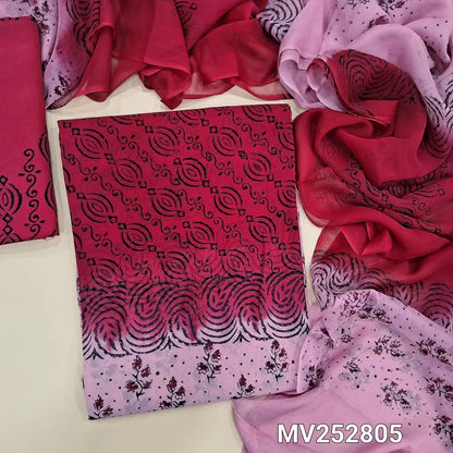 Reddish maroon & Pink premium georgette unstitched salwar material (flowy, Lining needed) hand block print allover, printed santoon bottom, dual shade fancy chiffon dupatta with hand block print. NV252804