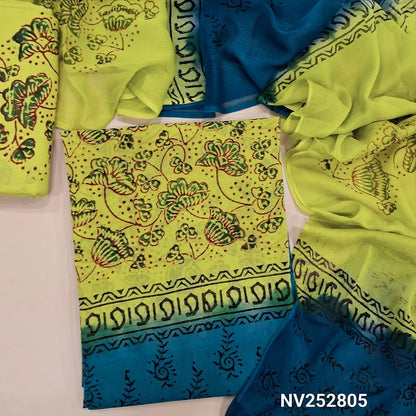 Bright Green & teal Blue premium georgette unstitched salwar material (flowy, Lining needed) hand block print allover, printed santoon bottom, dual shade fancy chiffon dupatta with hand block print. NV252805