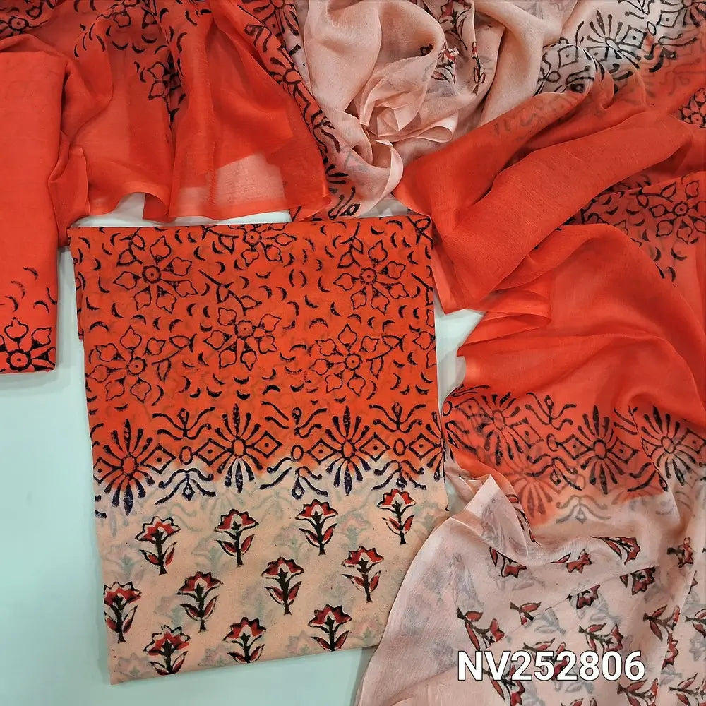 Orange & Peach premium georgette unstitched salwar material (flowy, Lining needed) hand block print allover, printed santoon bottom, dual shade fancy chiffon dupatta with hand block print. NV252806