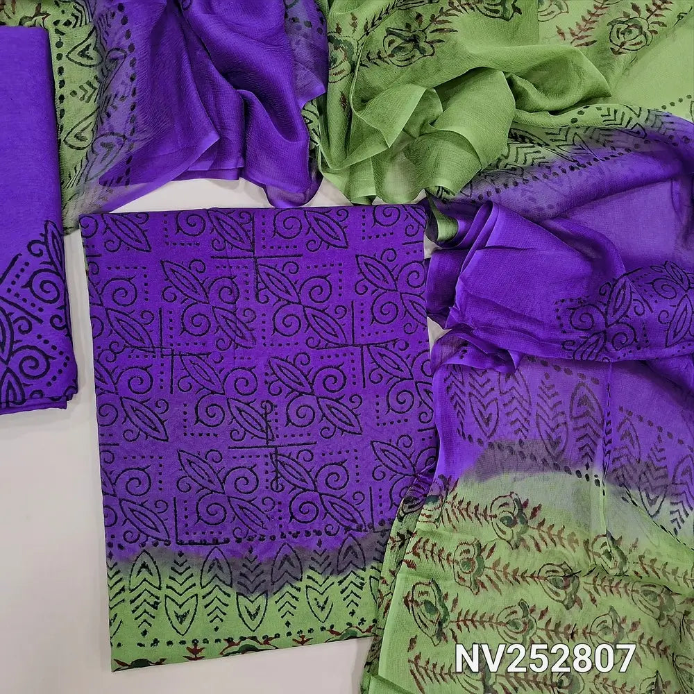 Violet & Green premium georgette unstitched salwar material (flowy, Lining needed) hand block print allover, printed santoon bottom, dual shade fancy chiffon dupatta with hand block print. NV252807