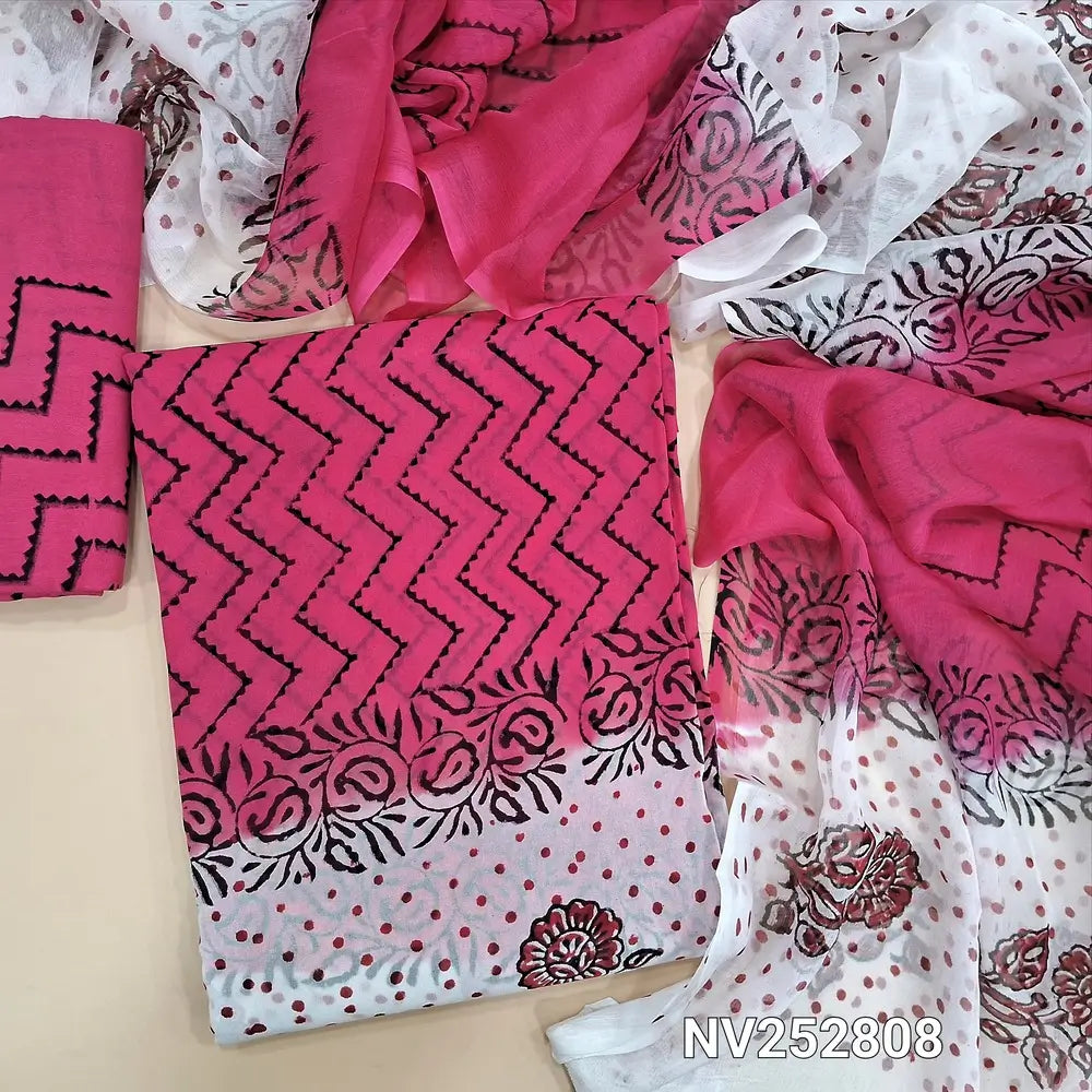Pink & half white premium georgette unstitched salwar material (flowy, Lining needed) hand block print allover, printed santoon bottom, dual shade fancy chiffon dupatta with hand block print. NV252808